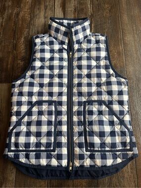 J.Crew Buffalo Check Quilted Blue Sophisticated Preppy Puffer Vest Womens Sz M